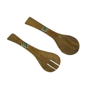 Hand Carved Wood and Bone Flat Handle Salad Server Set